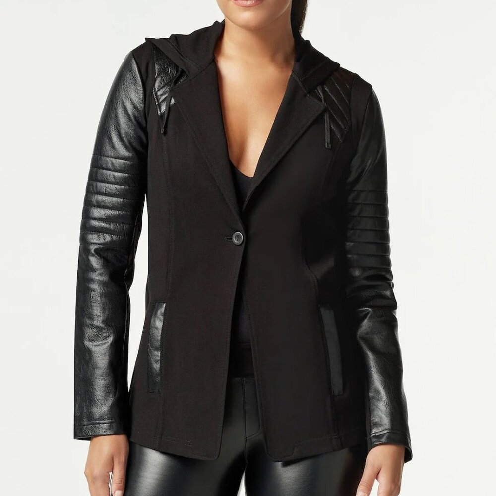 Blanc Noir Faux-Leather Moto Hooded Blazer - Size M